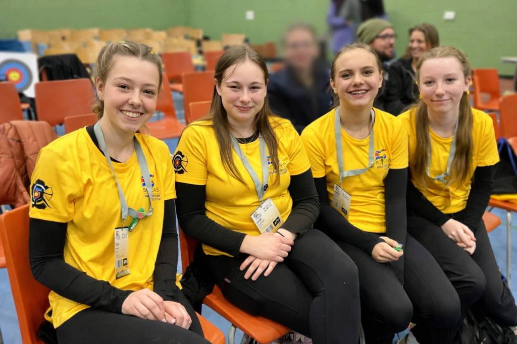 L-R: Taryn Mutcher, Jorja Shortridge, Delilah Gawryluk and Kinsley Brulotte are four archers on a ten-person team respresenting Zone 1 Kootenays in the Trail-Rossland 2026 BC Winter Games. (Sheri Regnier/Trail Times)